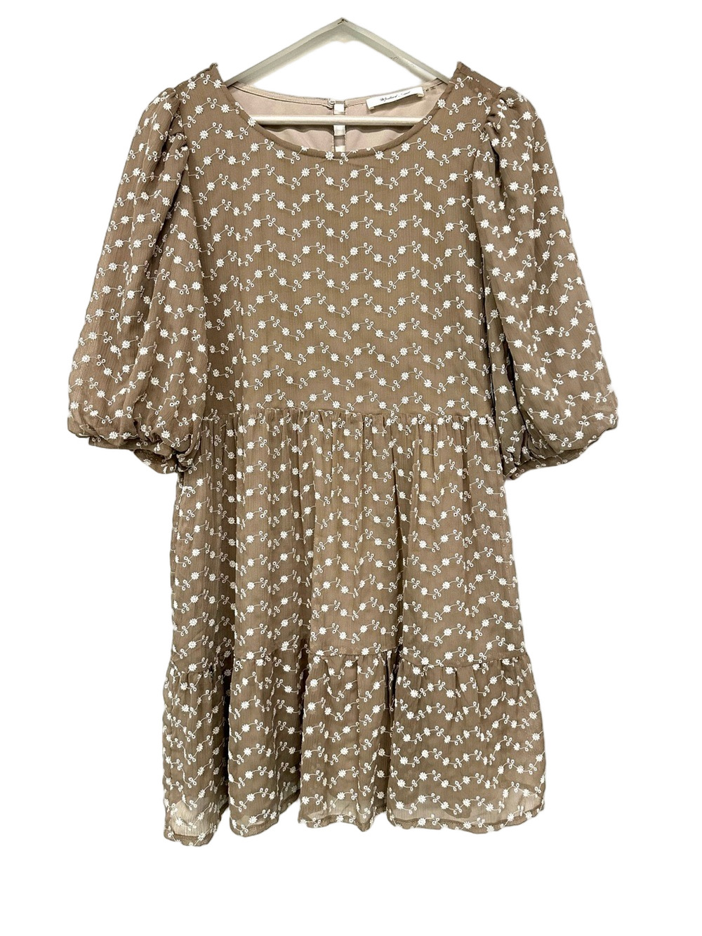 Mustard Seed Embroidered Floral Tiered Dress Medium Taupe Puff Sleeve